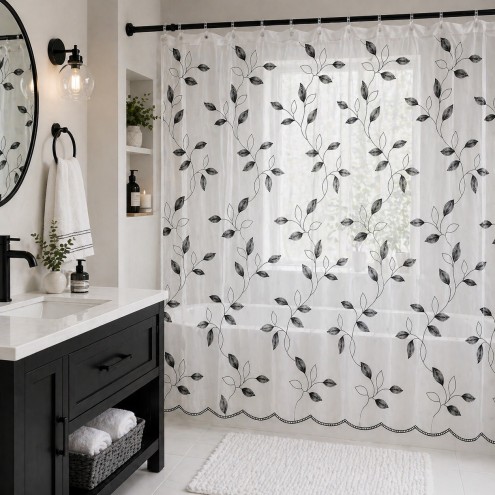 Cortina Baño Hojas Negras